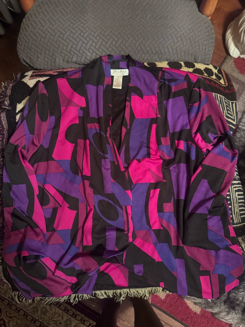 Kenar Black Cardigan with Fuchsia and Purple Geometric Print